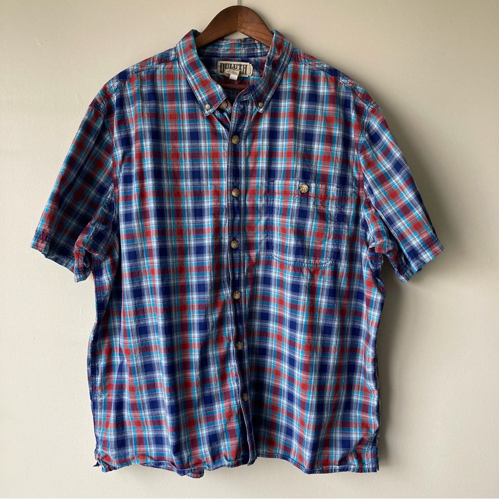 Duluth Trading Co Blue & Red Plaid Short-Sleeve Button-Down Mens 2XL
